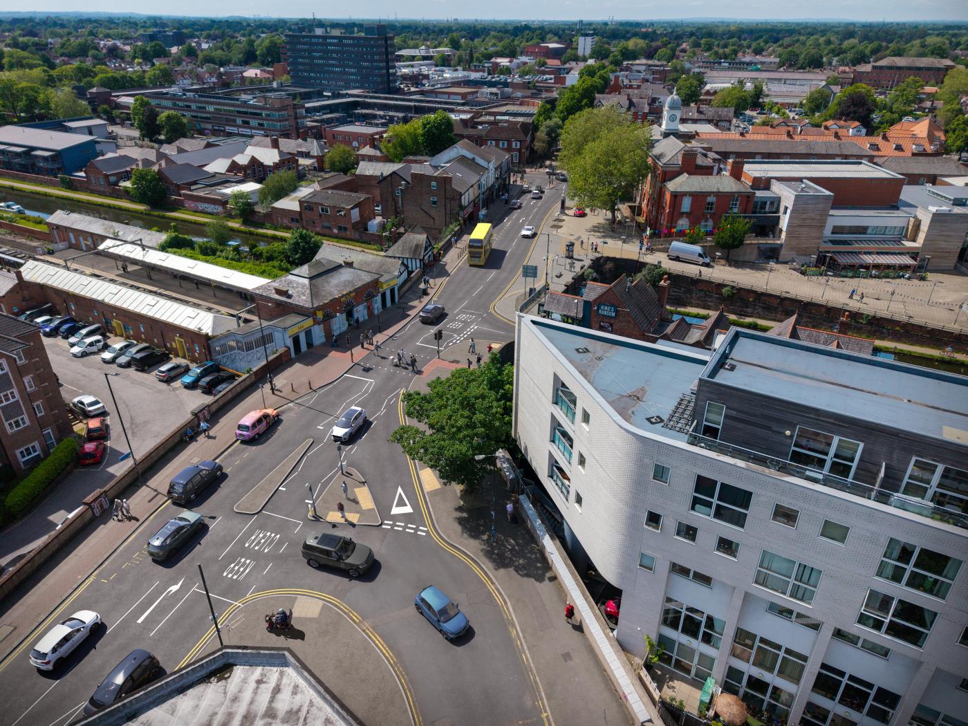 Aerial drone view of Sale town centre showing the area covered by the proposed junction improvements.