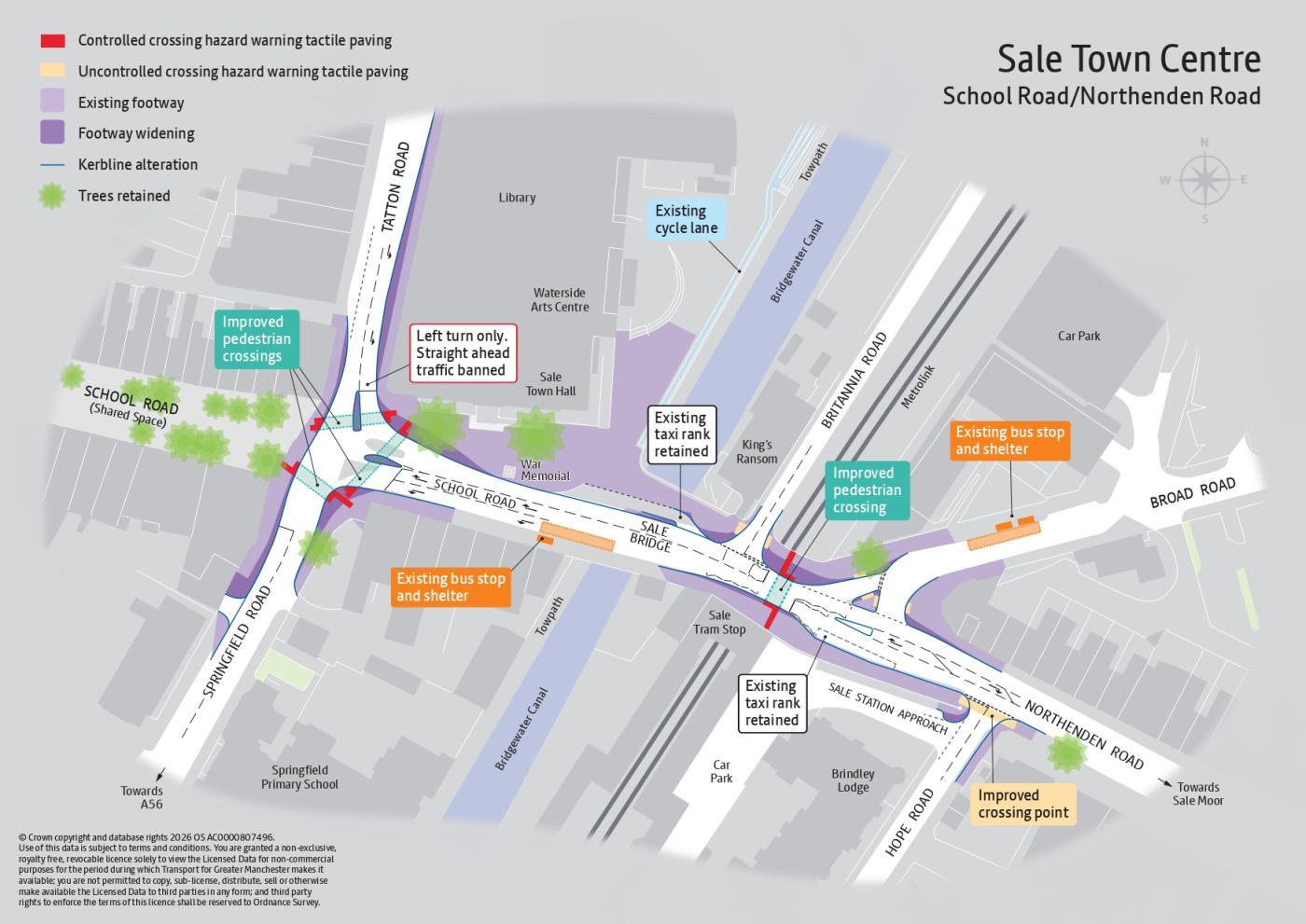 Trafford Council plan drawing of the Sale Town Centre Improvement Project, showing the two junction clusters and proposed highway layout changes.